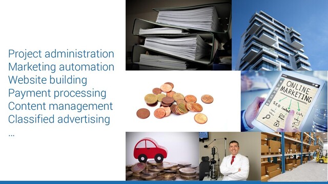 Project administration
Marketing automation
Website building
Payment processing
Content management
Classified advertising
…
