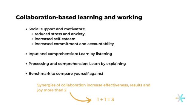 Social support and motivators:
reduced stress and anxiety
increased self-esteem
increased commitment and accountability
Input and comprehension: Learn by listening
Processing and comprehension: Learn by explaining
Benchmark to compare yourself against
Collaboration-based learning and working
1 + 1 = 3
Synergies of collaboration increase effectiveness, results and
joy more than 2
