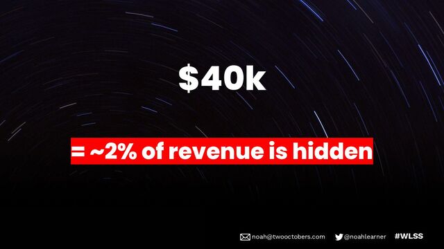 noah@twooctobers @noahlearner
noah@twooctobers.com @noahlearner #WLSS
$40k
= ~2% of revenue is hidden
