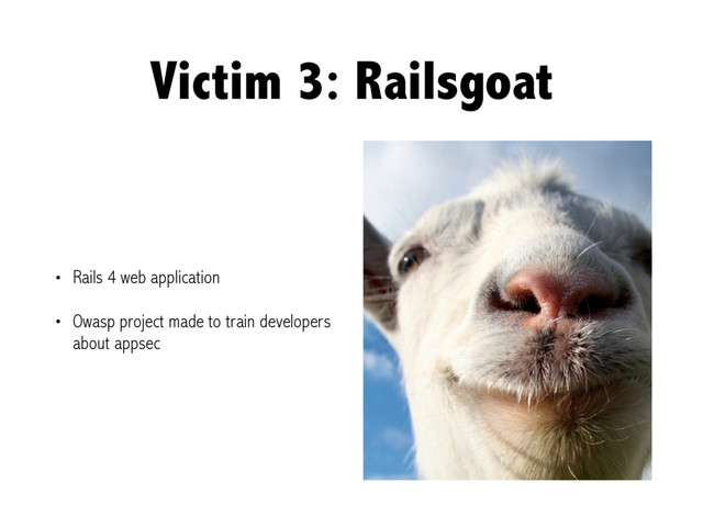 Victim 3: Railsgoat
• Rails 4 web application
• Owasp project made to train developers
about appsec
