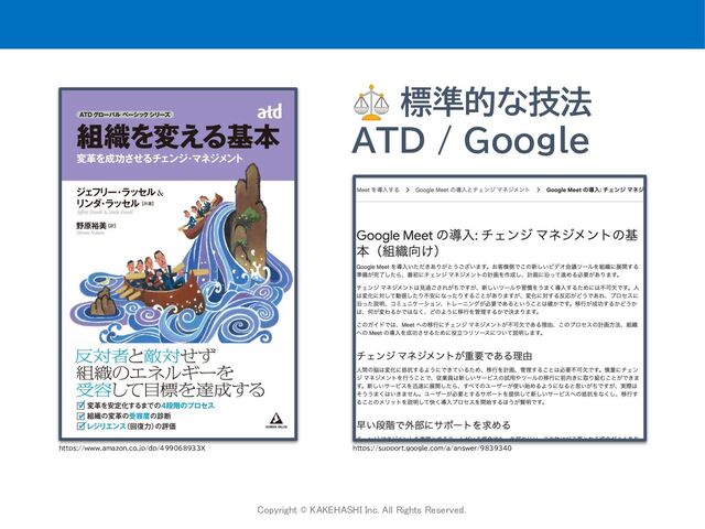 Copyright © KAKEHASHI Inc. All Rights Reserved.
 
https://www.amazon.co.jp/dp/499068933X https://support.google.com/a/answer/9839340
⚖ 標準的な技法
ATD / Google
