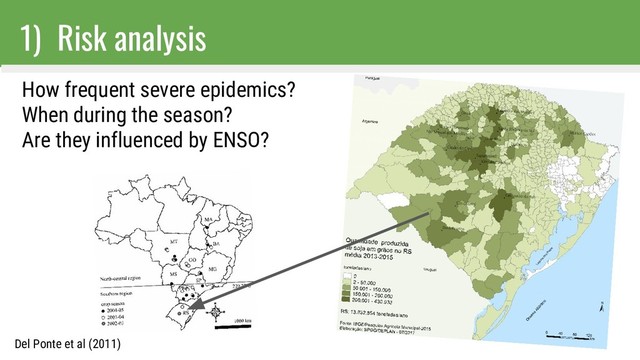 1) Risk analysis
Del Ponte et al (2011)
How frequent severe epidemics?
When during the season?
Are they influenced by ENSO?
