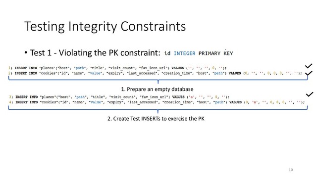 Testing Integrity Constraints
1. Prepare an empty database
2. Create Test INSERTs to exercise the PK
• Test 1 - Violating the PK constraint:
10
