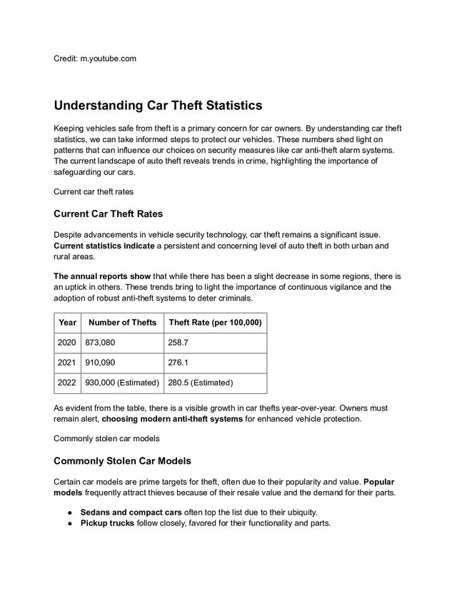 Credit: m.youtube.com
Understanding Car Theft Statistics
Keeping vehicles safe from theft is a primary concern for car owners. By understanding car theft
statistics, we can take informed steps to protect our vehicles. These numbers shed light on
patterns that can influence our choices on security measures like car anti-theft alarm systems.
The current landscape of auto theft reveals trends in crime, highlighting the importance of
safeguarding our cars.
Current car theft rates
Current Car Theft Rates
Despite advancements in vehicle security technology, car theft remains a significant issue.
Current statistics indicate a persistent and concerning level of auto theft in both urban and
rural areas.
The annual reports show that while there has been a slight decrease in some regions, there is
an uptick in others. These trends bring to light the importance of continuous vigilance and the
adoption of robust anti-theft systems to deter criminals.
Year Number of Thefts Theft Rate (per 100,000)
2020 873,080 258.7
2021 910,090 276.1
2022 930,000 (Estimated) 280.5 (Estimated)
As evident from the table, there is a visible growth in car thefts year-over-year. Owners must
remain alert, choosing modern anti-theft systems for enhanced vehicle protection.
Commonly stolen car models
Commonly Stolen Car Models
Certain car models are prime targets for theft, often due to their popularity and value. Popular
models frequently attract thieves because of their resale value and the demand for their parts.
● Sedans and compact cars often top the list due to their ubiquity.
● Pickup trucks follow closely, favored for their functionality and parts.
