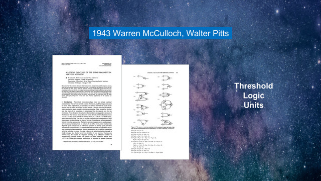 1943 Warren McCulloch, Walter Pitts
Threshold
Logic
Units
