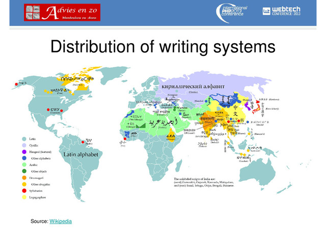 Distribution of writing systems
Source: Wikipedia
