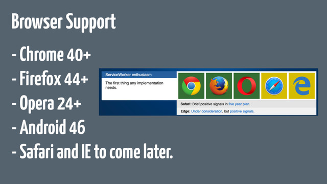 Browser Support
- Chrome 40+
- Firefox 44+
- Opera 24+
- Android 46
- Safari and IE to come later.
