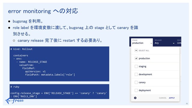 　
51
error monitoring への対応 
● bugsnag を利用。 
● role label を環境変数に渡して、bugsnag 上の stage として canary を識
別させる。 
○ canary release 完了後に restart する必要あり。 
 
 
 
 
# kind: Rollout
containers
- env:
- name: RELEASE_STAGE
valueFrom:
fieldRef:
apiVersion: v1
fieldPath: metadata.labels['role']
# ruby
config.release_stage = ENV['RELEASE_STAGE'] == 'canary' ? 'canary'
: ENV['RAILS_ENV']
