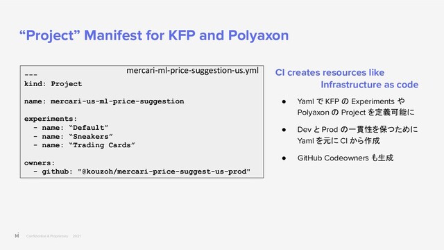 Conﬁdential & Proprietary 2021
“Project” Manifest for KFP and Polyaxon
CI creates resources like
Infrastructure as code
● Yaml で KFP の Experiments や
Polyaxon の Project を定義可能に
● Dev と Prod の一貫性を保つために
Yaml を元に CI から作成
● GitHub Codeowners も生成
---
kind: Project
name: mercari-us-ml-price-suggestion
experiments:
- name: “Default”
- name: “Sneakers”
- name: “Trading Cards”
owners:
- github: "@kouzoh/mercari-price-suggest-us-prod"
mercari-ml-price-suggestion-us.yml
