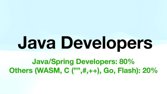Java Developers
Java/Spring Developers: 80%
Others (WASM, C (””,#,++), Go, Flash): 20%
