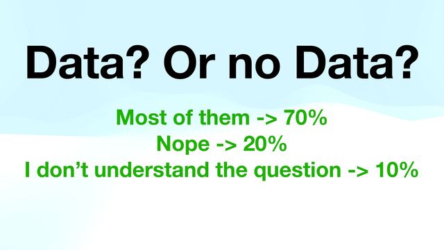 Data? Or no Data?
Most of them -> 70%
Nope -> 20%
I don’t understand the question -> 10%
