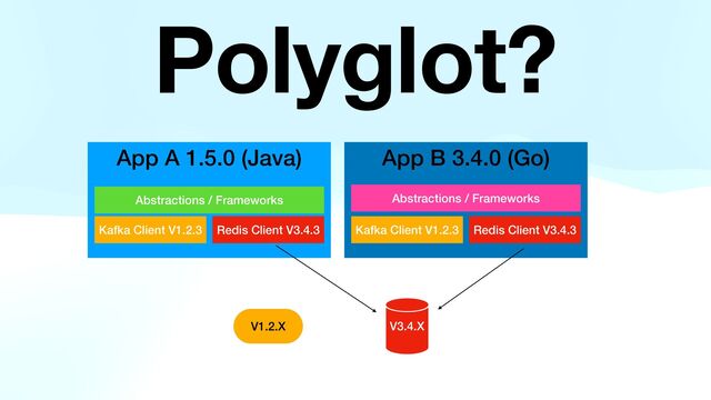 Polyglot?
App A 1.5.0 (Java)
V3.4.X
V1.2.X
Redis Client V3.4.3
Kafka Client V1.2.3
App B 3.4.0 (Go)
Redis Client V3.4.3
Kafka Client V1.2.3
Abstractions / Frameworks Abstractions / Frameworks
