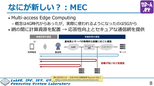 -BC*1$*4565PLZP
$PNQVUJOH4ZTUFN-BCPSBUPSZ 8
なにが新しい︖︓MEC
• Multi-access Edge Computing
 概念は4G時代からあったが，実際に使われるようになったのは5Gから
• 網の間に計算資源を配置 → 応答性向上とセキュアな通信網を提供
【第1回】MECとは – 次世代MEC試験環境「Beyond-MEC」
https://www.docomo-bmec.com/archives/50/
