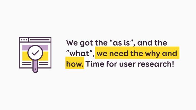 We got the “as is”, and the
“what”, we need the why and
how. Time for user research!

