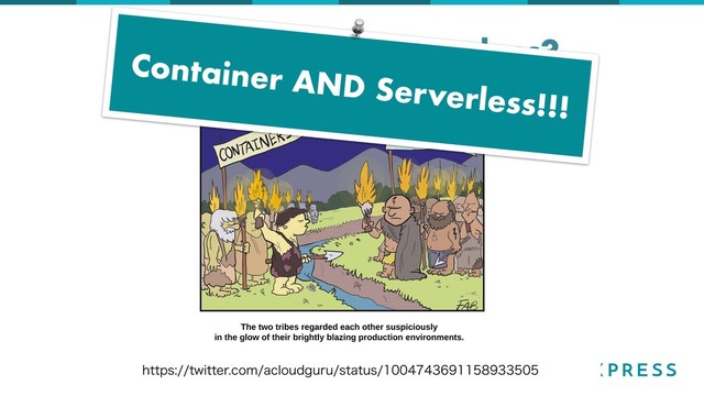 Container vs Serverless?
IUUQTUXJUUFSDPNBDMPVEHVSVTUBUVT
Container AND Serverless!!!
