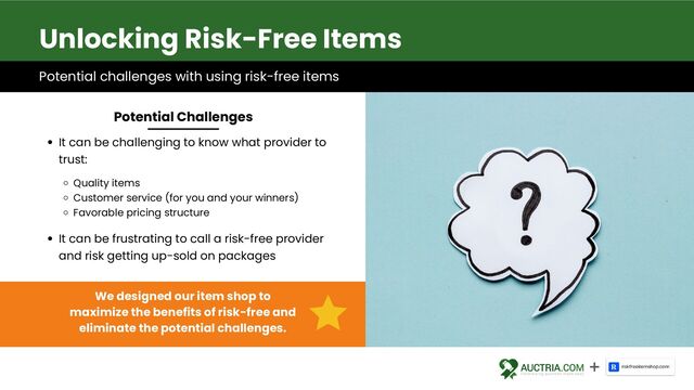 It can be challenging to know what provider to
trust:
Quality items
Customer service (for you and your winners)
Favorable pricing structure
It can be frustrating to call a risk-free provider
and risk getting up-sold on packages
Potential Challenges
Potential challenges with using risk-free items
Unlocking Risk-Free Items
We designed our item shop to
maximize the benefits of risk-free and
eliminate the potential challenges.
