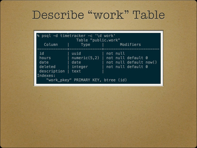 Describe “work” Table
