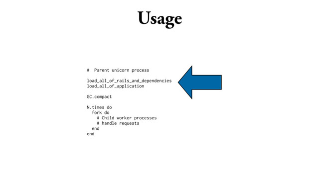 Usage
# Parent unicorn process
load_all_of_rails_and_dependencies
load_all_of_application
GC.compact
N.times do
fork do
# Child worker processes
# handle requests
end
end
