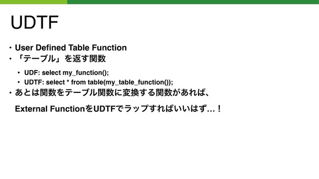 UDTF
• User Deﬁned Table Function
• ʮςʔϒϧʯΛฦؔ͢਺
• UDF: select my_function();
• UDTF: select * from table(my_table_function());
• ͋ͱ͸ؔ਺Λςʔϒϧؔ਺ʹม׵͢Δؔ਺͕͋Ε͹ɺ 
External FunctionΛUDTFͰϥοϓ͢Ε͹͍͍͸ͣ…ʂ
