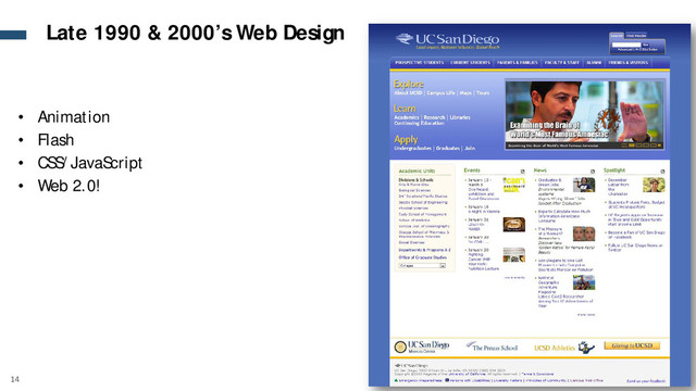 14
Late 1990 & 2000’s Web Design
• Animation
• Flash
• CSS/JavaScript
• Web 2.0!
