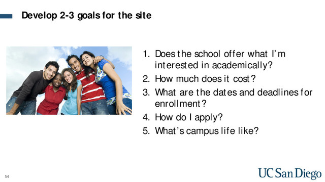 54
1. Does the school offer what I’m
interested in academically?
2. How much does it cost?
3. What are the dates and deadlines for
enrollment?
4. How do I apply?
5. What’s campus life like?
Develop 2-3 goals for the site
