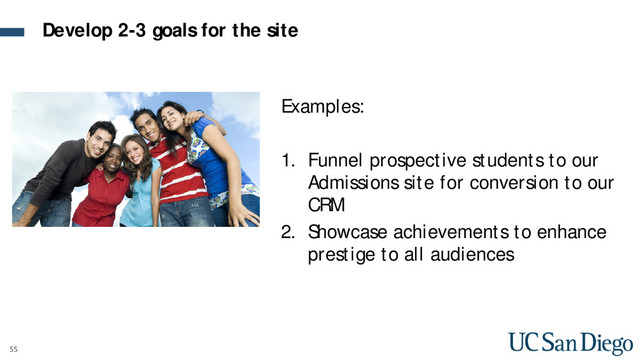 55
Examples:
1. Funnel prospective students to our
Admissions site for conversion to our
CRM
2. Showcase achievements to enhance
prestige to all audiences
Develop 2-3 goals for the site
