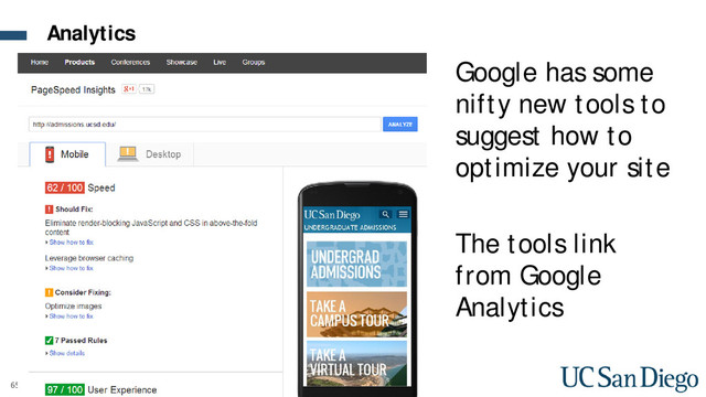 65
Analytics
Google has some
nifty new tools to
suggest how to
optimize your site
The tools link
from Google
Analytics
