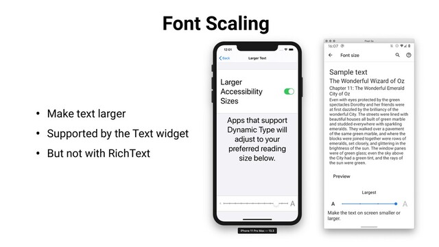 Font Scaling
• Make text larger
• Supported by the Text widget
• But not with RichText

