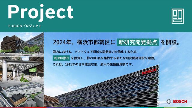 Project
FUSIONプロジェクト
国内における、ソフトウェア領域の開発能力を強化するため、
約390億円 を投資し、約2,000名を集約する新たな研究開発施設を建設。
これは、1911年の日本進出以来、最大の設備投資額です。
2024年、横浜市都筑区に 新研究開発拠点 を開設。
