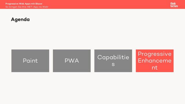Paint PWA
Capabilitie
s
Progressive
Enhanceme
nt
Agenda
So bringen Sie Ihre .NET-App ins Web!
Progressive Web Apps mit Blazor
