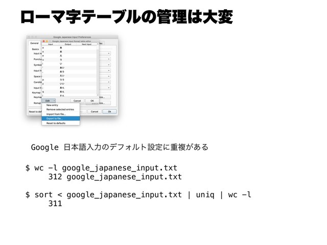 $ wc -l google_japanese_input.txt
312 google_japanese_input.txt
$ sort < google_japanese_input.txt | uniq | wc -l
311
Google ೔ຊޠೖྗͷσϑΥϧτઃఆʹॏෳ͕͋Δ
ϩʔϚࣈςʔϒϧͷ؅ཧ͸େม
