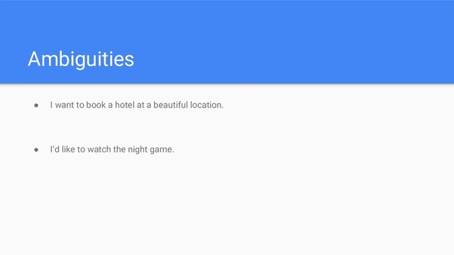 Ambiguities
● I want to book a hotel at a beautiful location.
● I’d like to watch the night game.
