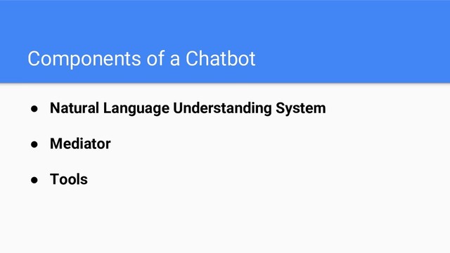 Components of a Chatbot
● Natural Language Understanding System
● Mediator
● Tools
