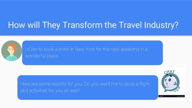How will They Transform the Travel Industry?
I’d like to book a hotel in New York for the next weekend in a
wonderful place.
Here are some resorts for you. Do you want me to book a flight
and activities for you as well?
