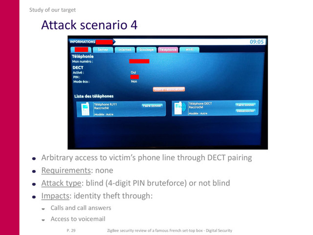 Attack scenario 4
Arbitrary access to victim’s phone line through DECT pairing
Requirements: none
Attack type: blind (4-digit PIN bruteforce) or not blind
Impacts: identity theft through:
 Calls and call answers
 Access to voicemail
Study of our target
P. 29 ZigBee security review of a famous French set-top box - Digital Security
