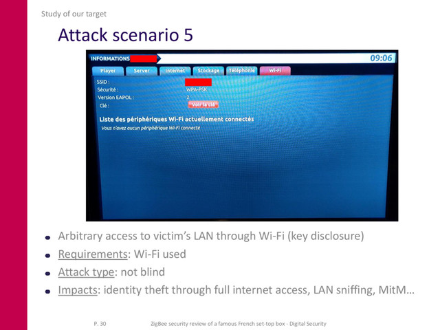 Attack scenario 5
Arbitrary access to victim’s LAN through Wi-Fi (key disclosure)
Requirements: Wi-Fi used
Attack type: not blind
Impacts: identity theft through full internet access, LAN sniffing, MitM…
Study of our target
P. 30 ZigBee security review of a famous French set-top box - Digital Security
