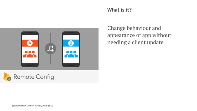 What is it?
Change behaviour and
appearance of app without
needing a client update
@gnufmufﬁn ● DevFest Florida, 2016-11-05
