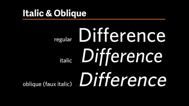Italic & Oblique
regular
italic
oblique (faux italic)
