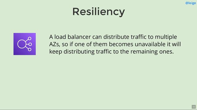 Resiliency
@loige
A load balancer can distribute traﬃc to multiple
AZs, so if one of them becomes unavailable it will
keep distributing traﬃc to the remaining ones.
46
