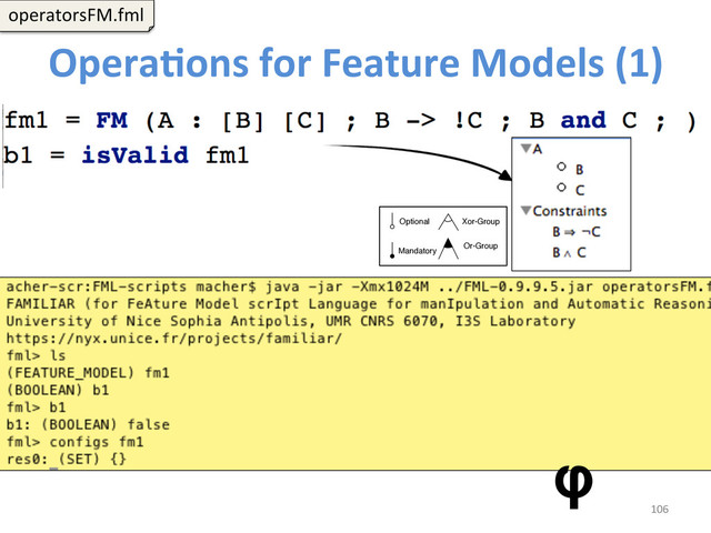 OperaCons	  for	  Feature	  Models	  (1)	  
106	  
φ
operatorsFM.fml	  
Optional
Mandatory
Xor-Group
Or-Group
