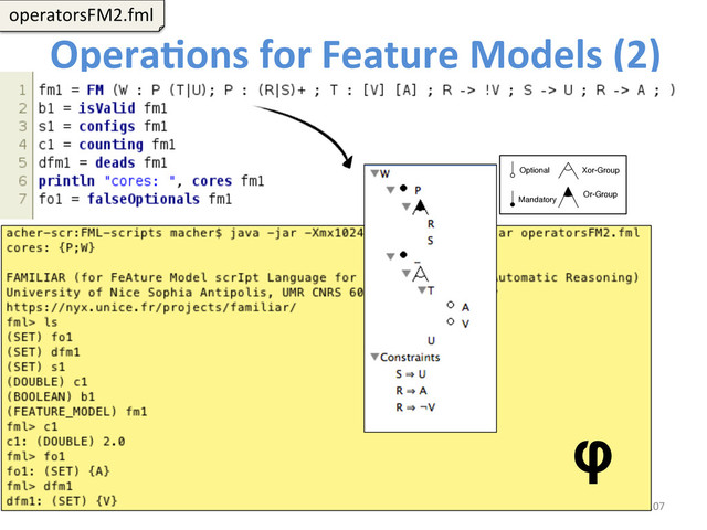 OperaCons	  for	  Feature	  Models	  (2)	  
107	  
φ
operatorsFM2.fml	  
Optional
Mandatory
Xor-Group
Or-Group
