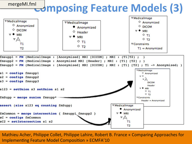 Composing	  Feature	  Models	  (3)	  
112	  
mergeMI.fml	  
Mathieu	  Acher,	  Philippe	  Collet,	  Philippe	  Lahire,	  Robert	  B.	  France	  «	  Comparing	  Approaches	  for	  
ImplemenWng	  Feature	  Model	  ComposiWon	  »	  ECMFA’10	  
