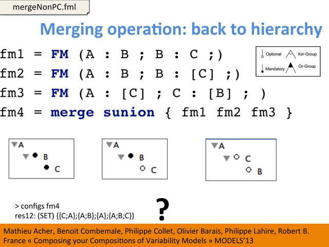 Merging	  operaCon:	  back	  to	  hierarchy	  
122	  
mergeNonPC.fml	  
>	  conﬁgs	  fm4	  
res12:	  (SET)	  {{C;A};{A;B};{A};{A;B;C}}	  
?	  
Mathieu	  Acher,	  Benoit	  Combemale,	  Philippe	  Collet,	  Olivier	  Barais,	  Philippe	  Lahire,	  Robert	  B.	  
France	  «	  Composing	  your	  ComposiWons	  of	  Variability	  Models	  »	  MODELS’13	  
Optional
Mandatory
Xor-Group
Or-Group
