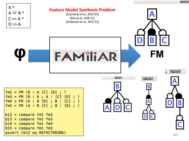149	  
φ FM
	  
	  
	  
	  
	  
	  
Feature	  Model	  Synthesis	  Problem	  
[Czarnecki	  et	  al.,	  SPLC’07]	  
[She	  et	  al.,	  ICSE’11]	  
[Andersen	  et	  al.,	  SPLC’12]	  
A	  ^	  
A	  ó	  B	  ^	  	  
C	  =>	  A	  ^	  
D	  =>	  A	  	  
