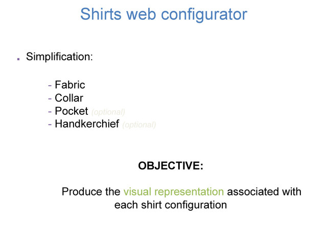 Shirts web configurator
OBJECTIVE:
Produce the visual representation associated with
each shirt configuration
. Simplification:
- Fabric
- Collar
- Pocket (optional)
- Handkerchief (optional)
	  	  
