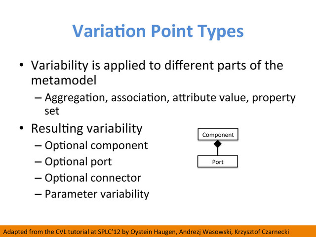 VariaCon	  Point	  Types	  
•  Variability	  is	  applied	  to	  diﬀerent	  parts	  of	  the	  
metamodel	  
– AggregaWon,	  associaWon,	  abribute	  value,	  property	  
set	  
•  ResulWng	  variability	  
– OpWonal	  component	  
– OpWonal	  port	  
– OpWonal	  connector	  
– Parameter	  variability	  
Component	  
Port	  
Adapted	  from	  the	  CVL	  tutorial	  at	  SPLC’12	  by	  Oystein	  Haugen,	  Andrezj	  Wasowski,	  Krzysztof	  Czarnecki	  	  
