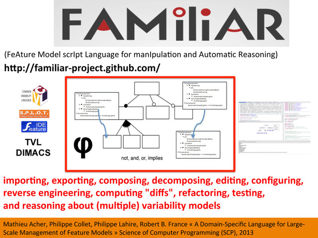 	  (FeAture	  Model	  scrIpt	  Language	  for	  manIpulaWon	  and	  AutomaWc	  Reasoning)	  	  
imporCng,	  exporCng,	  composing,	  decomposing,	  ediCng,	  conﬁguring,	  
reverse	  engineering,	  compuCng	  "diﬀs",	  refactoring,	  tesCng,	  	  
and	  reasoning	  about	  (mulCple)	  variability	  models	  
not, and, or, implies
φ
TVL
DIMACS
hip://familiar-­‐project.github.com/	  
Mathieu	  Acher,	  Philippe	  Collet,	  Philippe	  Lahire,	  Robert	  B.	  France	  «	  A	  Domain-­‐Speciﬁc	  Language	  for	  Large-­‐
Scale	  Management	  of	  Feature	  Models	  »	  Science	  of	  Computer	  Programming	  (SCP),	  2013	  
