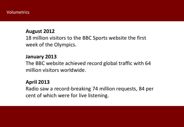 August 2012
18 million visitors to the BBC Sports website the first
week of the Olympics.
January 2013
The BBC website achieved record global traffic with 64
million visitors worldwide.
April 2013
Radio saw a record-breaking 74 million requests, 84 per
cent of which were for live listening.
Volumetrics
