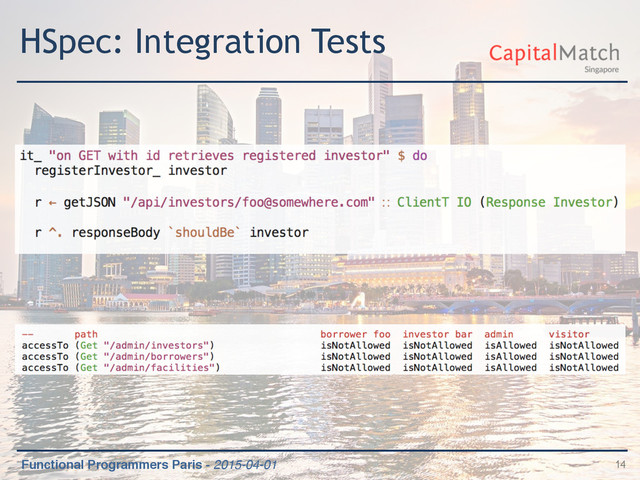 Functional Programmers Paris - 2015-04-01
HSpec: Integration Tests
14
