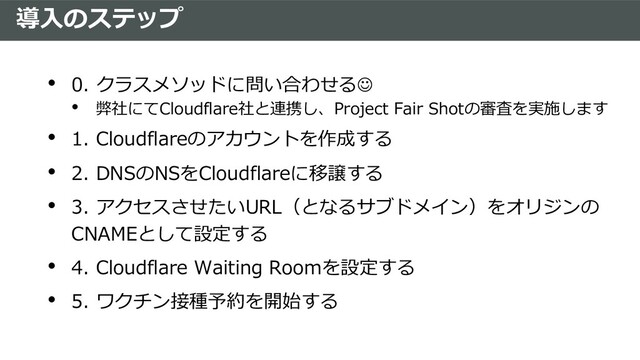 導⼊のステップ
• 0. クラスメソッドに問い合わせるJ
• 弊社にてCloudflare社と連携し、Project Fair Shotの審査を実施します
• 1. Cloudflareのアカウントを作成する
• 2. DNSのNSをCloudflareに移譲する
• 3. アクセスさせたいURL（となるサブドメイン）をオリジンの
CNAMEとして設定する
• 4. Cloudflare Waiting Roomを設定する
• 5. ワクチン接種予約を開始する
